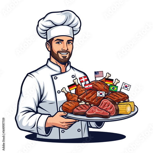 Culinary Chef's Global Feast: A professional chef, beaming with pride, presents a platter of expertly grilled meats, adorned with flags representing a world tour of flavors.