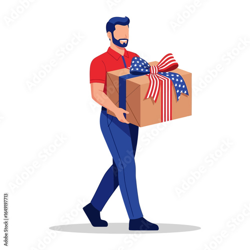 A man is holding the gift box : The box is beautifully adorned with a patriotic bow, symbolizing the spirit of the national pride.