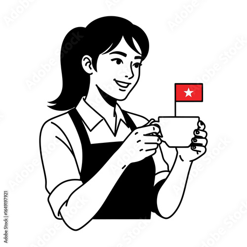 A flag on a cup: A barista proudly holds a steaming cup of coffee, adorned with a miniature flag, adding a touch of international flair to the moment.