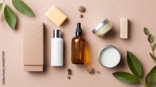 Flat lay of skincare beauty products with leaves on neutral background for wellness branding natural organic product photography design