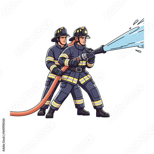 Courageous Firefighters: A team of firefighters, in full gear, bravely combats a blaze, directing a powerful stream of water. Their unwavering dedication is a testament to their heroism.