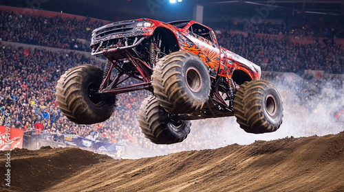 Monster truck mid-air over dirt ramp, massive wheels spinning, packed arena of cheering fans in background