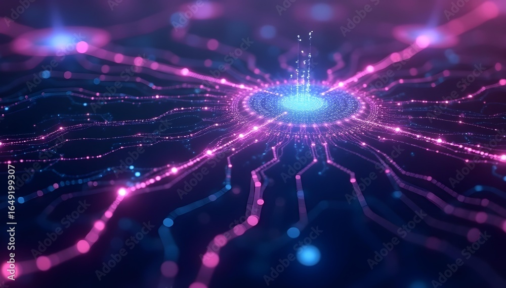 Obraz premium Futuristic AI circuit with interconnected nodes and light trails, purple and cyan color scheme .