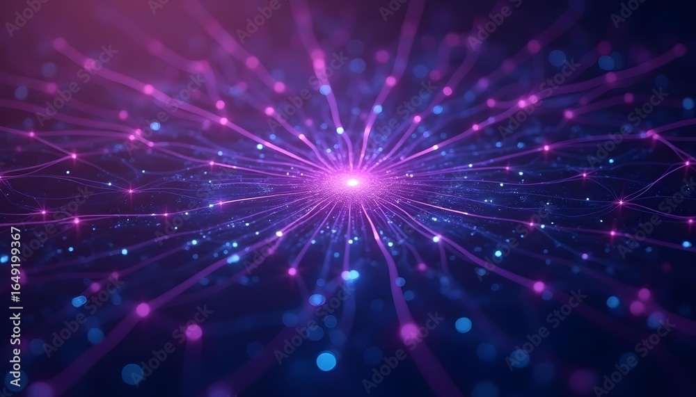 Obraz premium Futuristic AI circuit with interconnected nodes and light trails, purple and cyan color scheme .