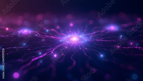 Futuristic AI circuit with interconnected nodes and light trails, purple and cyan color scheme .