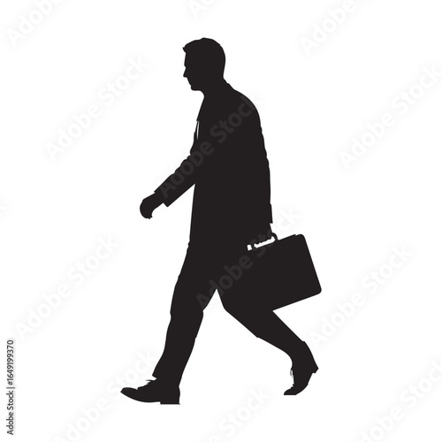  Silhouette of a professionally dressed man walking confidently, viewed in full-body profile. 