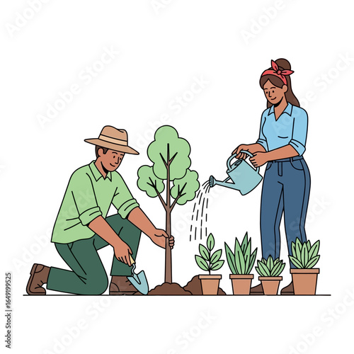 Planting the future: A vibrant illustration of two individuals nurturing nature, planting a sapling and watering other plants, symbolizing growth, care, and environmental stewardship.