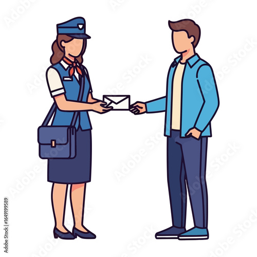 Postal Delivery: A postal worker in uniform delivers a letter to a recipient in a modern and vibrant style.