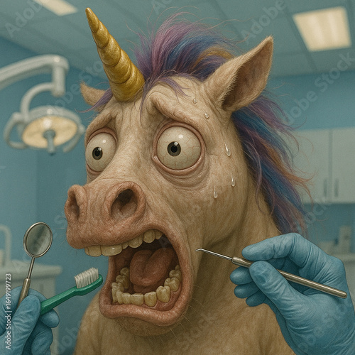 Einhorn beim Zähneputzen im Zahnarztstuhl