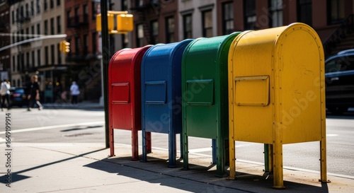 Colorful mailboxes line a city sidewalk on a sunny day