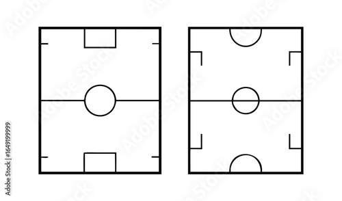Two simple diagrams of soccer fields with center circles and goals