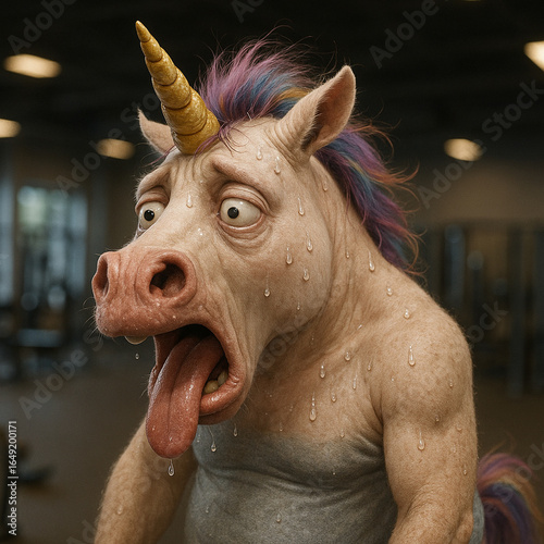 Einhorn schwitzt auf Laufband im Fitnessstudio