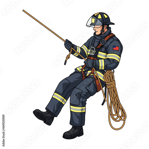 Brave Protector: A firefighter, geared up in his protective uniform, masterfully rappels down a rope, embodying courage, and dedication, and poised to rescue those in need.