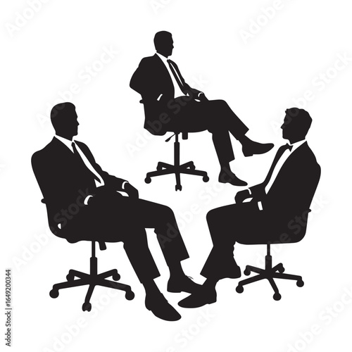  Silhouette of three professionally dressed men seated in modern swivel office chairs, depicted in various relaxed and authoritative poses.