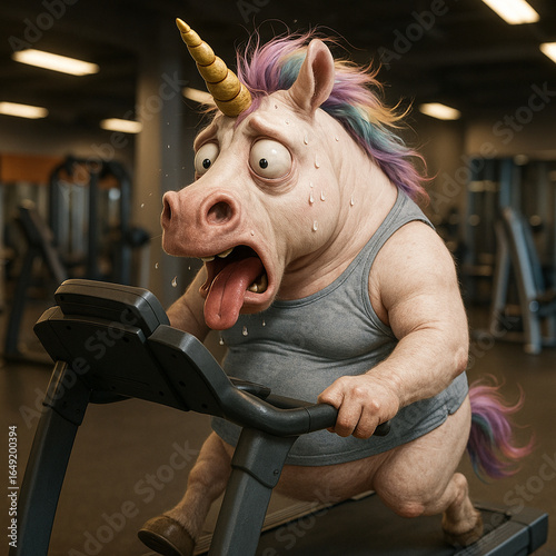 Einhorn schwitzt auf Laufband im Fitnessstudio