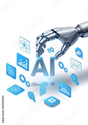 Mechanical palm lifting AI letters surrounded by machine learning icon holograms, clean isometric composition, pure white backdrop.
