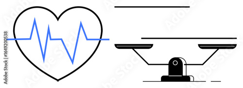 Heart outline with blue ECG line next to a balance scale. Ideal for health, wellness, equilibrium, lifestyle, decision-making, mindfulness, sustainability. Simple flat metaphor