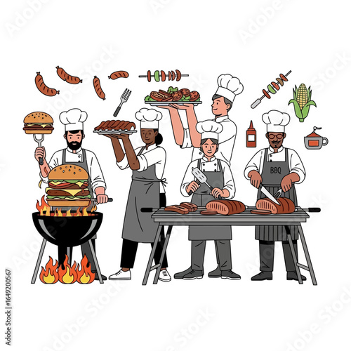 Culinary Collaboration: A group of diverse chefs collaborate harmoniously during a cookout, preparing a variety of appetizing dishes with precision and skill.