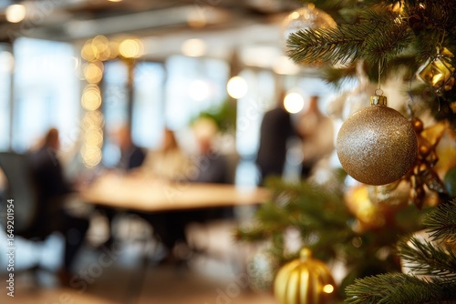 Blurred office interior, festive Christmas tree detail
