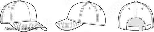 Vector illustration of a baseball cap showing front, side, and back views with detailed stitching, adjustable buckle strap, and ventilation holes design.