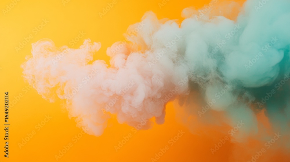 Naklejka premium Colorful smoke cloud on orange and teal gradient background for abstract dreamy surreal visual atmosphere design creative concept