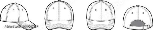 Vector line art illustration of a baseball cap showing multiple views including side, front, angled front, and back with adjustable strap details.