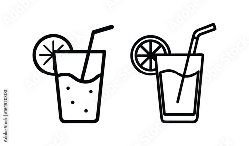 Two refreshing drinks with lemon slices and straws in a simple line art style