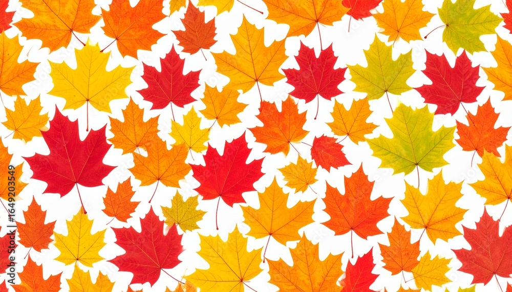 Fototapeta premium Vibrant fall foliage concept with a seamless background of colorful maple leaves. Seasonal autumnal design with red, orange, and yellow leaves.