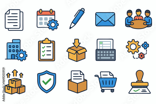 Flat Vector Icons Representing Office Administration and Operational Management Including Document Handling, Scheduling, Inventory Control, Task Assignment, Procurement, Compliance, and Workflow Coord