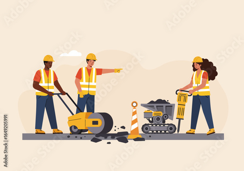 Construction Workers and Equipment Illustration: Roadwork Team in Action.