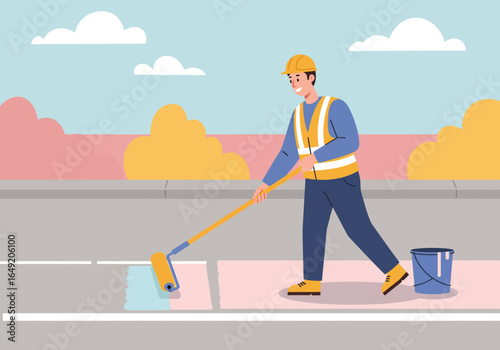 Road Worker Painting Street Lines with Roller.