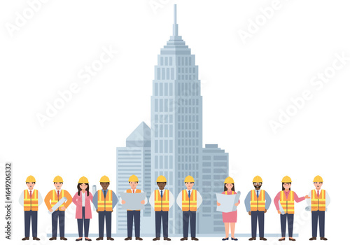 Diverse Construction Team with Blueprints and Skyscraper Backdrop.