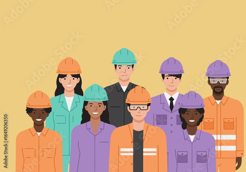 Diverse Team of Construction Workers in Hard Hats and Uniforms.