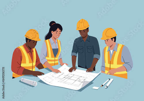 Construction Team Reviewing Blueprint Plans Together in a Meeting.