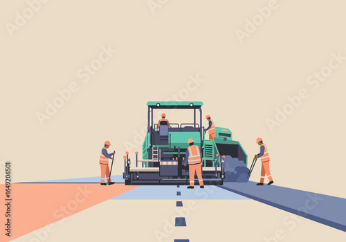 Road Paving Crew and Asphalt Paver Machine Illustration.