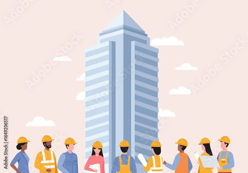 Construction Team Inspecting a Modern Skyscraper Design.
