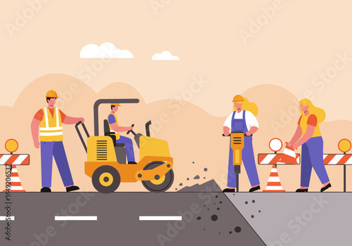 Road Construction Crew Working with Heavy Equipment and Safety Cones.