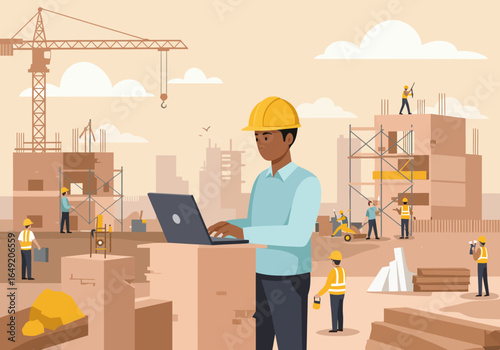 Construction Manager Using Laptop at Building Site with Workers.