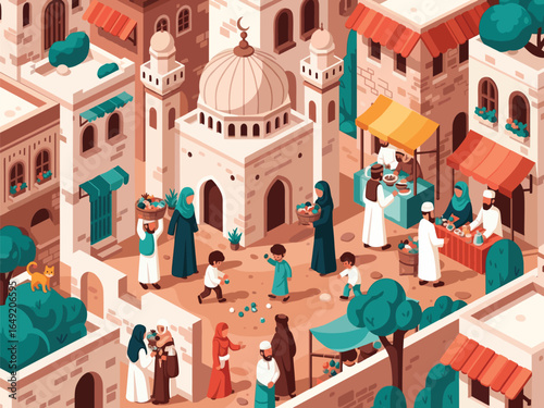 Middle Eastern town with people, mosque, market