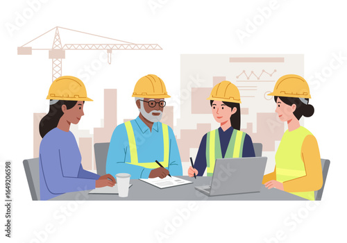 Construction Team Meeting: Diverse Engineers in Hard Hats Reviewing Plans.