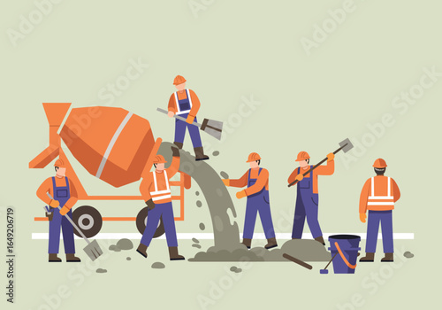 Construction Workers Pouring Concrete from a Mixer Truck on a Construction Site.