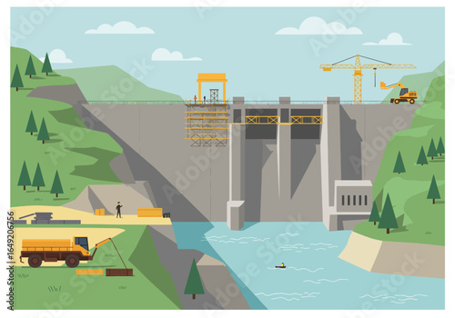 Hydroelectric Dam Construction with Crane and Workers Illustration.