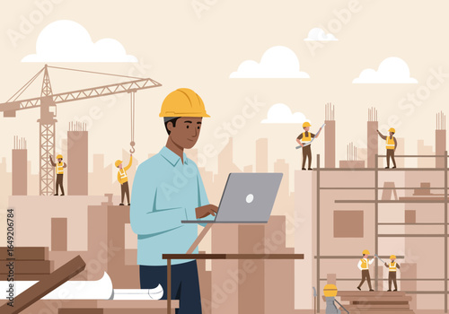 Construction Manager with Laptop at Building Site.