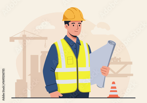 Cartoon Construction Worker with Yellow Hard Hat and Blueprint.