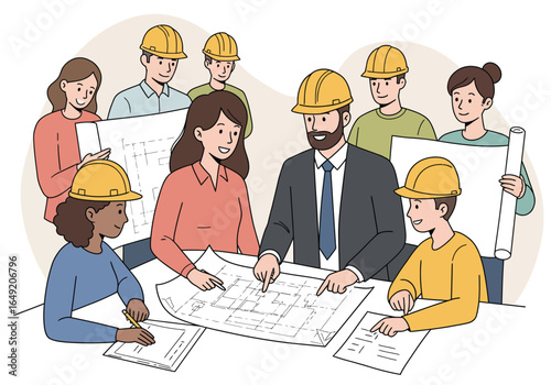 Team of Architects Reviewing Blueprints in a Meeting Wearing Hard Hats.