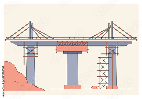 Illustration of a Cable-Stayed Bridge Under Construction with Scaffolding.