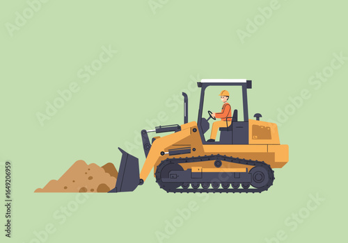 Yellow Bulldozer with Operator Scooping Soil Illustration.