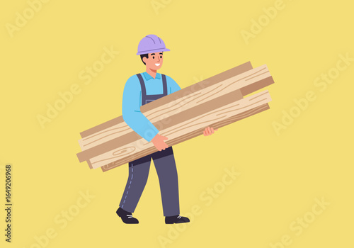 Cartoon Construction Worker Carrying Wooden Planks with Safety Helmet.