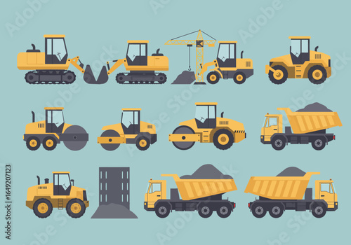 Construction Vehicles: Yellow Excavators Rollers Dump Trucks and Crane Illustration.