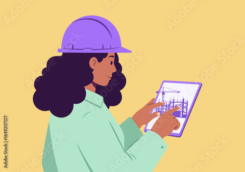 Female Engineer with Tablet Displaying Construction Blueprint and Purple Hard Hat.